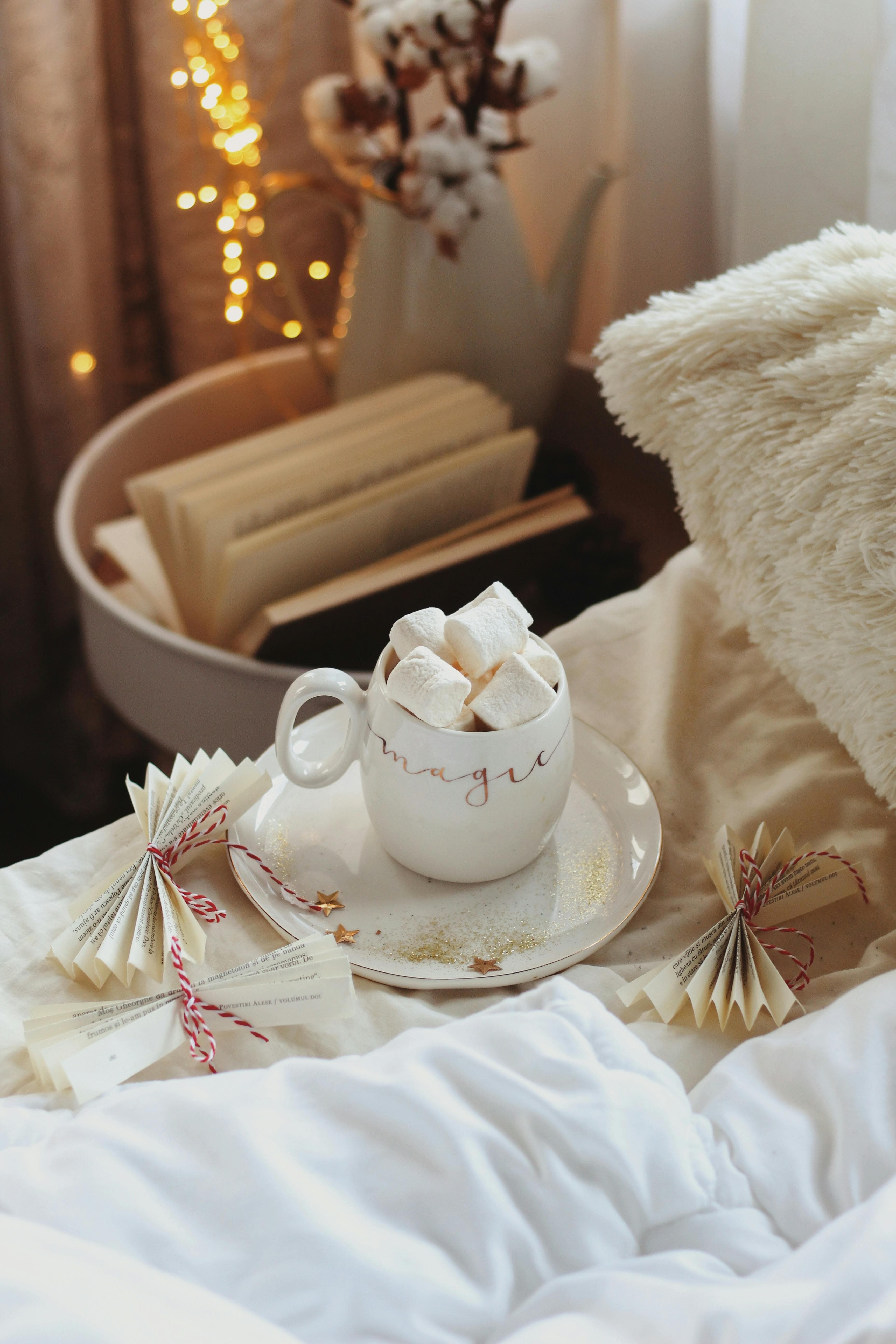 Warm and inviting setting featuring a mug of hot chocolate with marshmallows beside a stack of books.