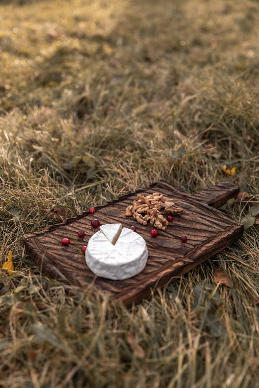 Rustic cheese board on grass with nuts and cherries, perfect for outdoor gatherings.