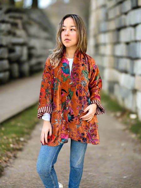 Copper Brown Botanical Printed Short Velvet Jacket