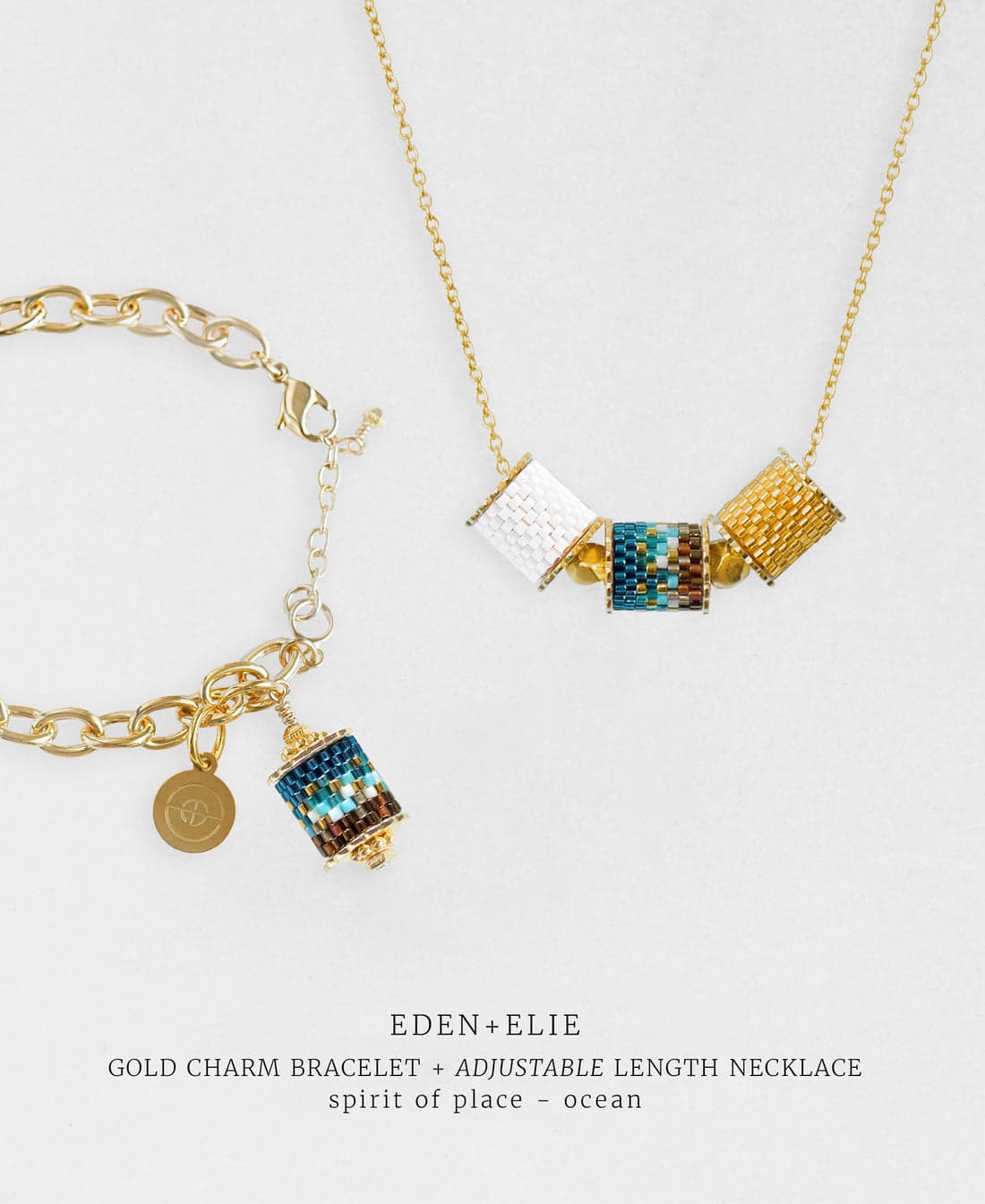 Gold Charm Bracelet + Adjustable Length Necklace Set