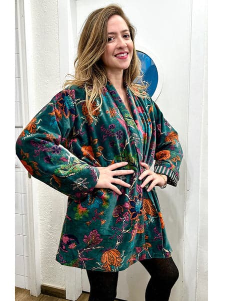 Christmas Green Botanical Printed Short Velvet Jacket